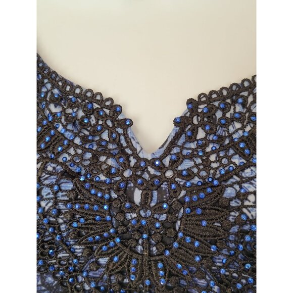 Simply Emma Tunic Top 2X Blue Black Beaded Crochet Neckline Empire Waist 3/4 Sle - Picture 4 of 6